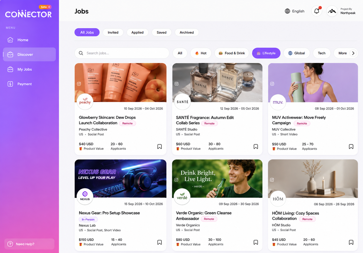 Connector Club dashboard: Discover campaigns feed
