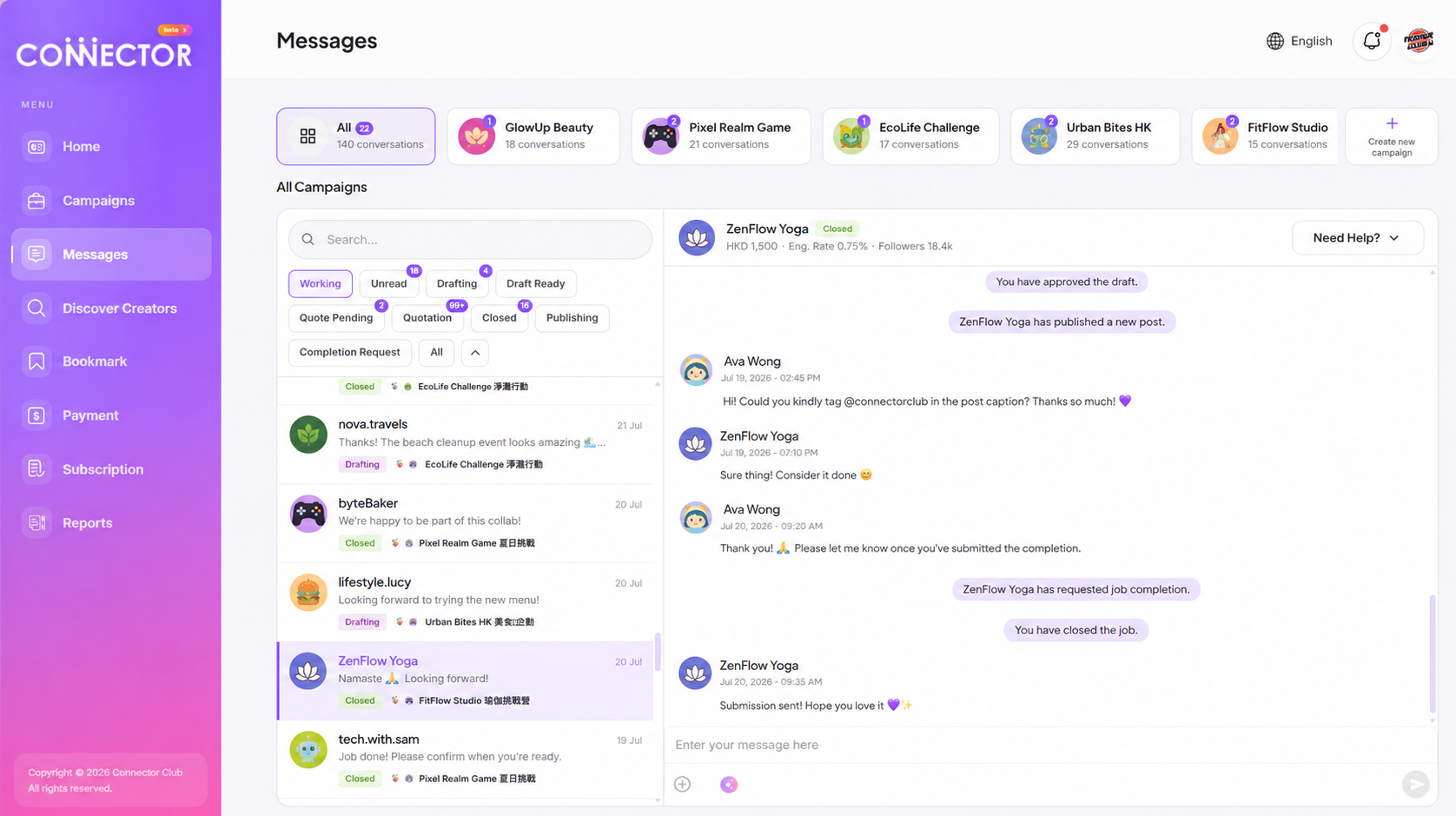 Connector Club dashboard: Messages between brands and creators